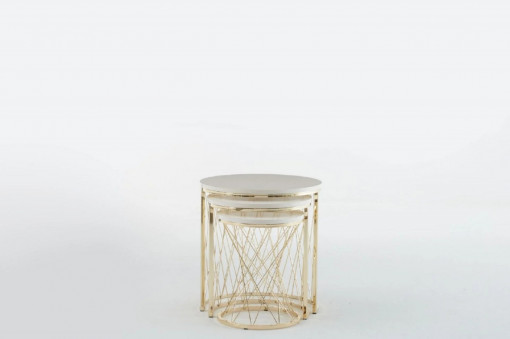 Set 3 masute de cafea zigon DLC, GOLD, D 50 cm x H 56 cm, culoare alb/auriu