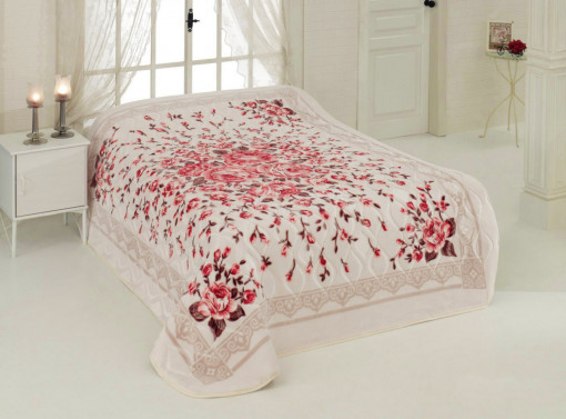 Pătură dublă, pufoasa, Sarar, cu imprimeu - Trandafiri, crem+rosu