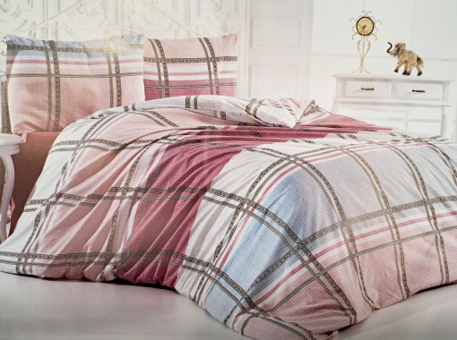 Lenjerie de pat cu 3 Piese pentru pat single, Bumbac Ranforce , Imprimeu carouri, roz/bleu