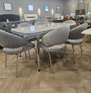 Set Masa fixa Efsane, gri marmorat/ARGINTIU + 8 scaune tapitate - Img 1