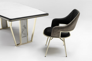 Set Masa fixa Impala Venus, alb marmorat/gold + 6 scaune Impala tapitate, negru/gold - Img 2