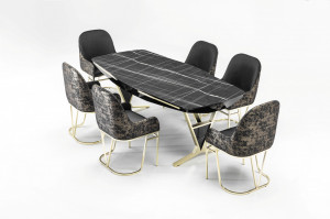 Set Masa fixa Bugatti + 6 scaune tapitate, negru/gold - Img 2