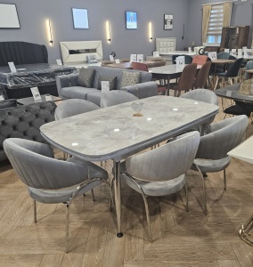 Set Masa fixa Efsane, gri marmorat/ARGINTIU + 6 scaune tapitate - Img 1