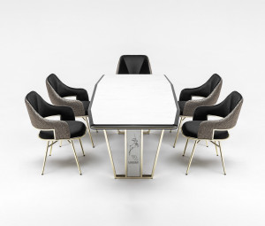 Set Masa fixa Impala Venus, alb marmorat/gold + 6 scaune Impala tapitate, negru/gold - Img 3