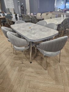 Set Masa fixa Efsane, gri marmorat/ARGINTIU + 8 scaune tapitate - Img 2