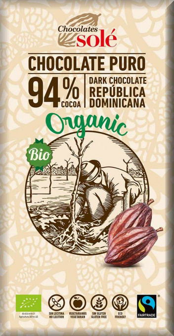 Ciocolata neagra BIO si fairtrade 94% cacao, 100g Chocolates Sole