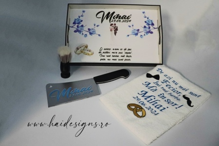 Set personalizat cu tăviță pentru bărbieritul mirelui (model 2 - albastru)