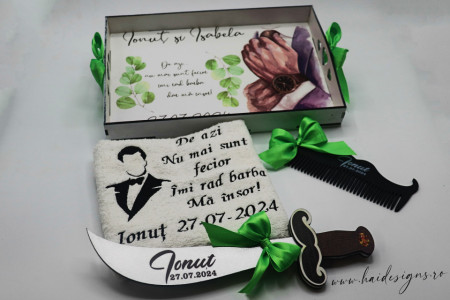 Set personalizat cu tăviță pentru bărbieritul mirelui (model 6)