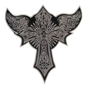 Petic Brodat cu Crucifix în Stil Punk, Aplică Decorativă cu Spate Adhesiv, pentru Geaca Motociclist, Negru şi Alb