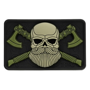 Emblema Patch Petic Craniu cu barba si Topor PVC, 80x50 mm, Verde/Negru
