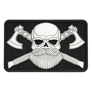 Emblema Patch Petic Craniu cu barba si Topor PVC, 80x50 mm, Alb/Negru