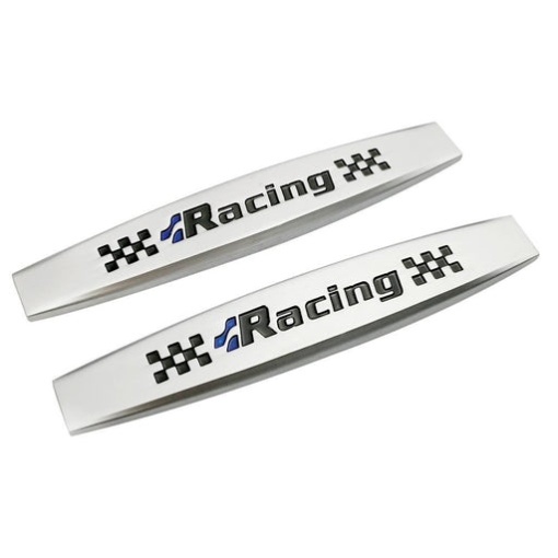Set 2 x Embleme auto metalice, autoadezive, model "RACING", finisaj Crom, dimensiune, 10 x 1,5 cm