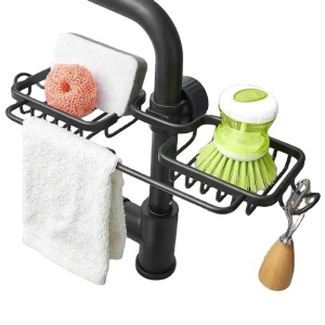 Raft organizator dublu, universal pentru bucatarie sau baie, montaj pe robinet, material otel, culoare Neagra - Img 5