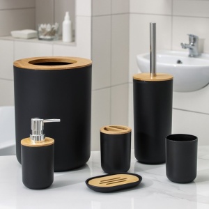 Set Elegant pentru baie format din 6 piese, ABS + lemn, culoare negru/maro - Img 1