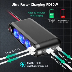 Dispozitiv Auto Premium 3in1, Splitter Bricheta, Incarcator USB/USB-C, Voltmetru Digital, alimentare 12V-24V - Img 5