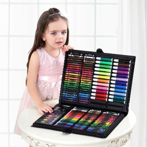 Set 168 piese pentru pictura, pentru copii sau adulti, pixuri de colorat, creioane colorate si vopsele de pictura, cu cutie de depozitare, model AVX-WT-KIDDO-02 - Img 1