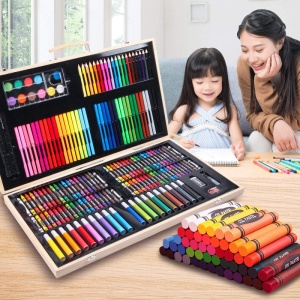 Set 180 piese pentru desen pentru copii sau adulti, creioane colorate, vopsele si markere, cu geanta de transport din LEMN MASIV, model AVX-WT-ART-10 - Img 1