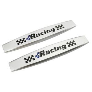 Set 2 x Embleme auto metalice, autoadezive, model "RACING", finisaj Crom, dimensiune, 10 x 1,5 cm