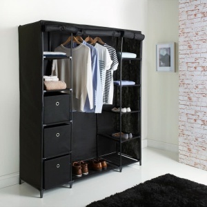 Dulap XXL pentru haine din material textil si schelet metalic, 12 rafturi (11 + 1 spatiu pentru umerase haine), culoare Neagra - Img 1