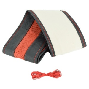 Husa volan din PIELE NATURALA NEAGRA CU DUNGA ROSIE, pentru autoturisme, diametru 37 - 39 cm, cu ac si ata (se coase, aspect ORIGINAL) - Img 4