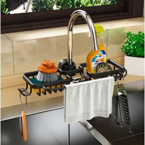 Raft organizator dublu, universal pentru bucatarie sau baie, montaj pe robinet, material otel, culoare Neagra - Img 1