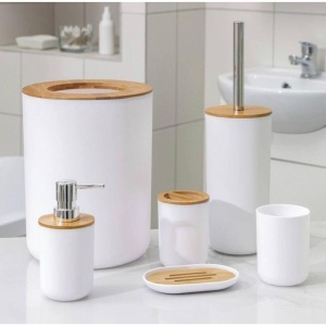Set Elegant pentru baie format din 6 piese, ABS + lemn, culoare alb/maro - Img 1