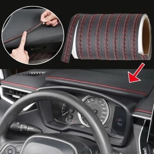 Banda decorativa pentru interiorul vehiculului, lungime 2m, din piele ecologica, culoare Neagra + cusatura Rosie - Img 1