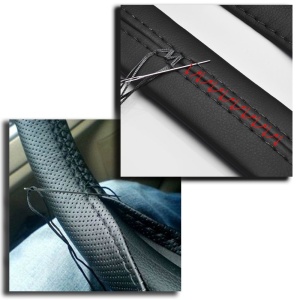 Husa volan din PIELE NATURALA CU DOUA DUNGI ROSII, pentru autoturisme, diametru 37 - 39 cm, cu ac si ata (se coase, aspect ORIGINAL) - Img 2