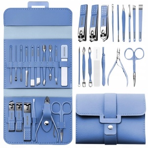 Set Manichiura si Pedichiura 16-in-1 cu plic din piele ecologica, model "MANI-CUT BLUE", culoare Albastra - Img 1