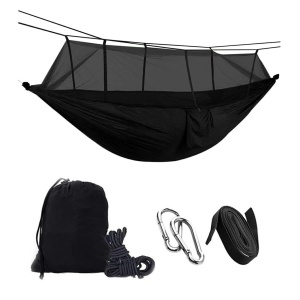Hamac turistic din nylon cu plasa de tantari, culoare neagra, dimensiuni 260 cm x 140 cm - Img 1