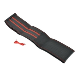 Husa volan din PIELE NATURALA CU DOUA DUNGI ROSII, pentru autoturisme, diametru 37 - 39 cm, cu ac si ata (se coase, aspect ORIGINAL) - Img 5