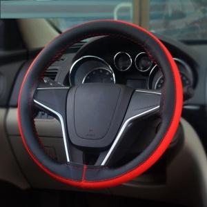 Husa volan din PIELE NATURALA NEAGRA CU DUNGA ROSIE, pentru autoturisme, diametru 37 - 39 cm, cu ac si ata (se coase, aspect ORIGINAL) - Img 1
