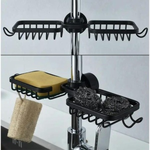Raft organizator dublu, universal pentru bucatarie sau baie, montaj pe robinet, material otel, culoare Neagra - Img 3