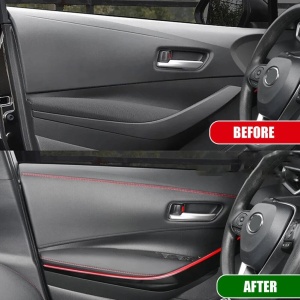 Banda decorativa pentru interiorul vehiculului, lungime 2m, din piele ecologica, culoare Neagra + cusatura Rosie - Img 3