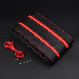 Husa volan din PIELE NATURALA CU DOUA DUNGI ROSII, pentru autoturisme, diametru 37 - 39 cm, cu ac si ata (se coase, aspect ORIGINAL) - Img 1