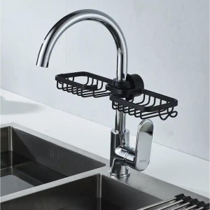 Raft organizator dublu, universal pentru bucatarie sau baie, montaj pe robinet, material otel, culoare Neagra - Img 4