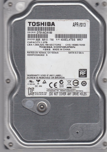 HDD interni 3.5" Toshiba DT01ACA100, 32MB Interni Hard disk HDD 3.5" SATA3 7200 1TB