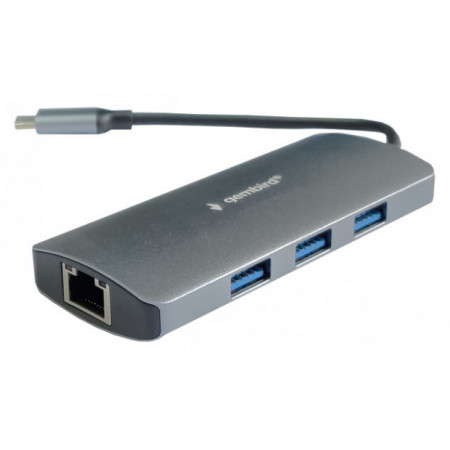 USB HUB, 3 porta, Type-C na USB 3.1 Gembird A-CMU3-LAN-05 TYPE C na LAN, RJ45 (8P8C) plus USBx3 ALUMINIUM