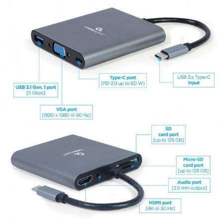 USB Type-C 6-in-1 multi-port adapter Hub3.1 + HDMI + VGA + PD + card reader + stereo, Gembird A-CM-COMBO6-01
