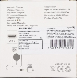 Bežični punjač za telefone 15W, MAGNETIC, Gembird EG-WPC15-01, TYPE-C, 5V/2A, 9V/2A, 12V/1.5A MagSafe - Img 3