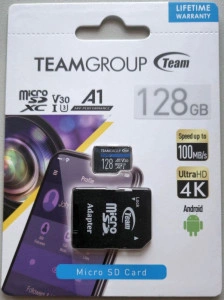TeamGroup micro SDXC UHS-I + SD adapter MICRO SDXC 128GB ELITE, UHS-I U3 V30 A1, 100/50MB/s +SD Adapter TEAUSDX128GIV30A103