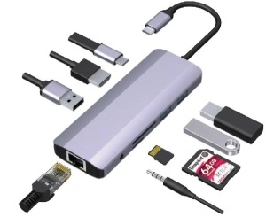 USB HUB, 9-in-1 multi-port RJ45+USB3.0+SD+USB-C+HDMI+USB2.0+3,5mm Gembird A-CM-COMBO9-06