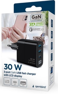 Punjač 30W za mobilni 3-port (2xUSB-A+ USB-C), LCD, Gembird TA-UC-PDQC30LCD- BK-02, black - Img 4