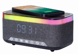 Stoni sat budilnik Gembird DAC-SPKBT-QC15-BK, bežični punjač telefona, FM radio, bluetooth