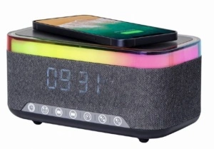 Stoni sat budilnik Gembird DAC-SPKBT-QC15-BK, bežični punjač telefona, FM radio, bluetooth