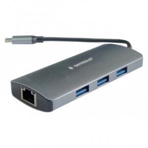 USB HUB, 3 porta, Type-C na USB 3.1 Gembird A-CMU3-LAN-05 TYPE C na LAN, RJ45 (8P8C) plus USBx3 ALUMINIUM - Img 1