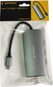 USB HUB, 3 porta, Type-C na USB 3.1 Gembird A-CMU3-LAN-05 TYPE C na LAN, RJ45 (8P8C) plus USBx3 ALUMINIUM - Img 2
