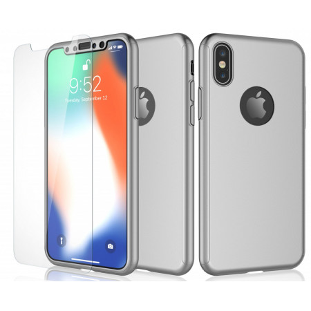 Husă Full Cover 360° pentru Apple iPhone X (față + spate + sticlă), Argintiu