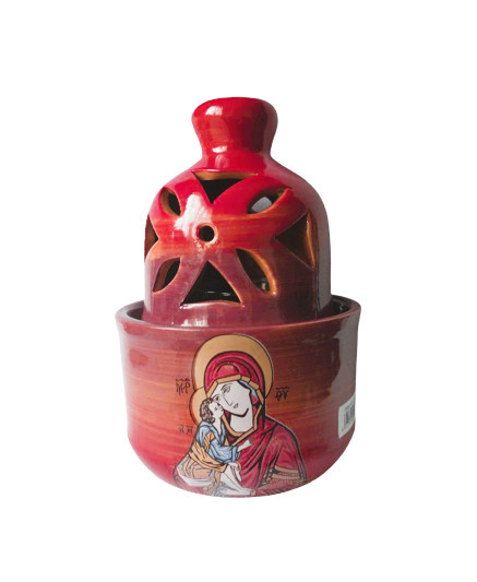 Candela ceramica rosie cu Icoana Maicii Domnului