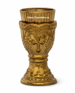 Candela ceramica aurie 14 cm cu pahar – decor religios elegant pentru casa
